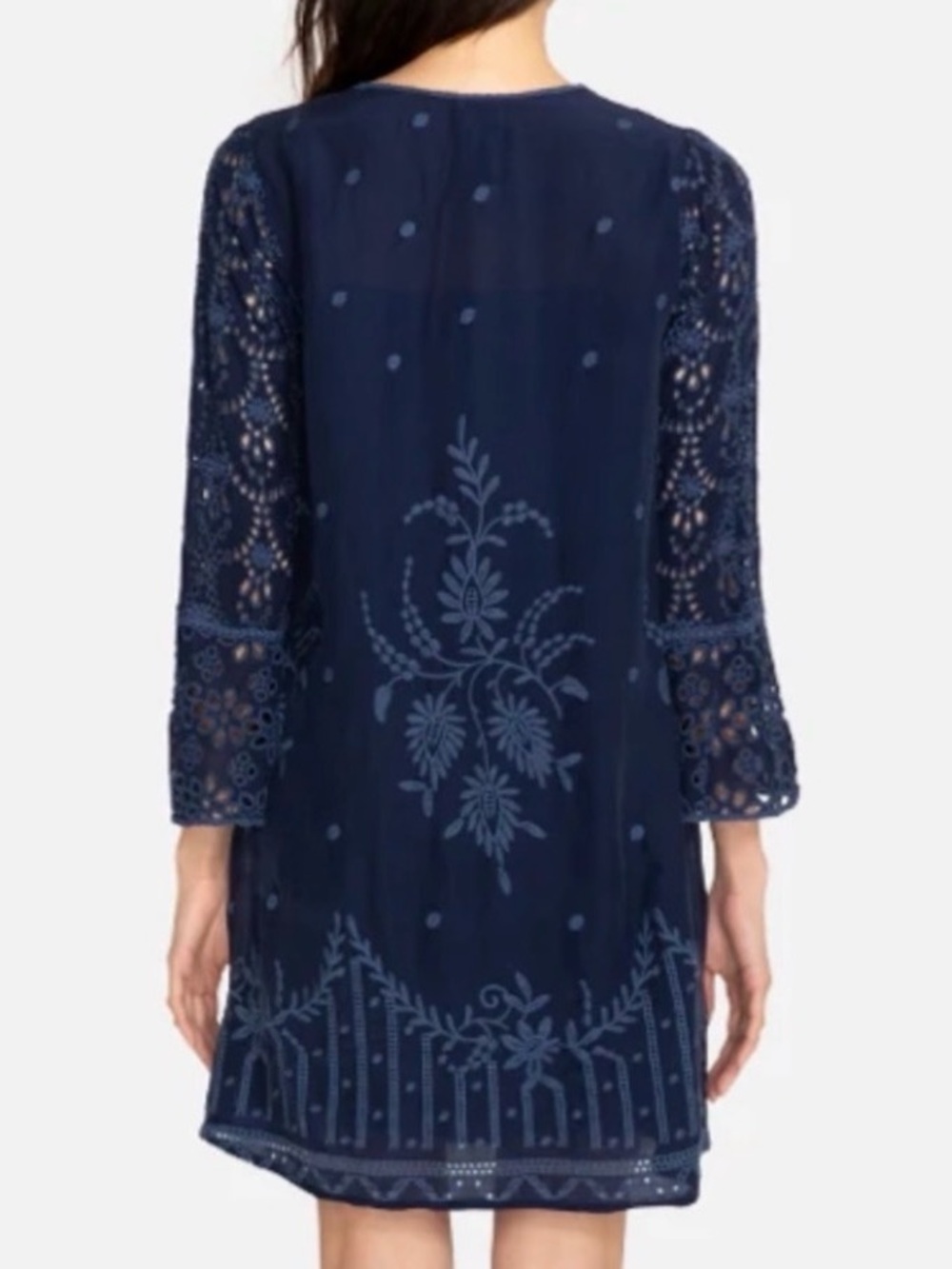 Johnny Was Conner Dress Sz M Indigo Blue Floral Eyelet Embroidered Boho Chic - Picture 3 of 16